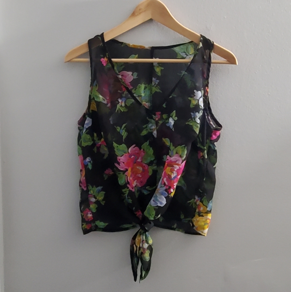Sheer Black Floral Button Down Tank Top with Front Tie